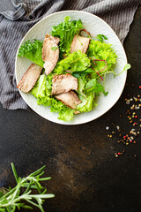 meat salad vegetables veal slice still life on the table tasty serving size top view copy space for text keto or paleo diet food background rustic