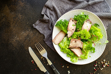 meat salad vegetables veal slice still life on the table tasty serving size top view copy space for text keto or paleo diet food background rustic