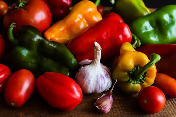 Vegetables background. Fresh raw peppers, tomatoes and garlic on wooden background. Top view. Concept of harvest, healthy food, detox. Selective focus