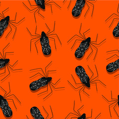 Halloween pattern black spiders on orange background