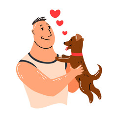 People and pet. Dog pet owner character. Man holding on hands his dog. Man love his animal. Cute and adorable domestic animal