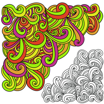 Set of decorative corners from lines, arcs and curls, color doodles and coloring page, vector illustration