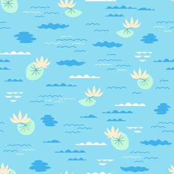 Water Plants And Line Waves Flat Vector Seamless Pattern. Marsh And Hand Drawn Water Lilies On Blue Background. Natural River Texture. Lake Doodle Illustration For Wrapping Paper, Wallpaper Design