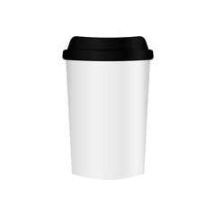 Realistic white paper coffee cup with lid front view. Coffee to go blank. Vector illustration isolated on white background