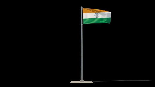 India flag on a flagpole in full growth on black background waving in the wind. You can cut this footage from the background (Luma Mattes). New Delhi.
