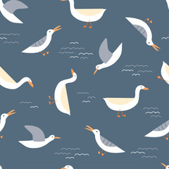 Seagull, swan doodle vector seamless pattern. Seabird cute hand drawn water lilies on dark blue background. Nautical beach texture. Lake doodle illustration for wrapping paper, wallpaper design