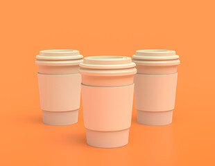 multiple white plastic coffee cups in a row on yellow orange background, flat colors, single color disposable paper cup, 3d rendering