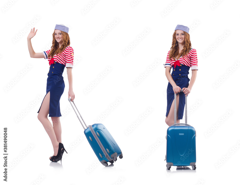 Wall mural woman travel attendant with suitcase on white