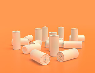 multiple flat color white plastic soda cans in rows in yellow orange background, monochrome, single color, 3d rendering