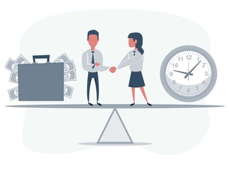 Business partners shaking hands on seesaw between clock and bag with dollar symbol - money and time. Vector flat design illustration.