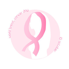 Symbol of the fight against breast cancer. Vector illustration of a silhouette of a woman and a pink ribbon. October 15 World breast cancer day