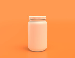 white plastic flat color glass jar in yellow orange background, monochrome, single color, 3d rendering