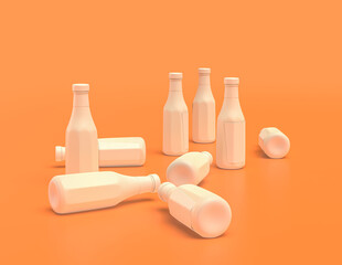 Multiple white plastic ketchup bottles in yellow orange background, flat colors, single color, 3d rendering