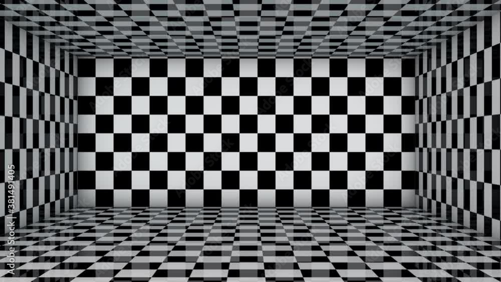Poster motion of black and white checkered tile room perspective with camera move in shot, empty room displ
