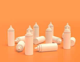 A group of scattered white plastic mustard bottles in yellow orange background, flat colors, single color, 3d rendering