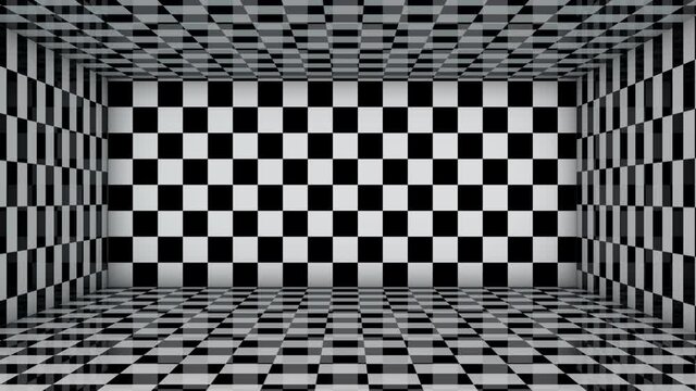 Motion of Black and white checkered  tile room perspective 
 with camera move in shot, empty room display animation concept, template or pattern for presentation background.