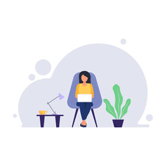 Girl with a laptop on a chair. Freelance or training concept. Illustrations in a flat style. Work from home.
