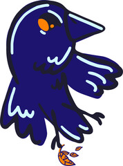 color vector graphics of a blue cartoon crow holding an autumn leaf