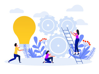 Teamwork flat.Flat vector illustration, teamwork on finding new ideas, search for new solutions, creative work vector