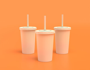 Three white paper cups in a row on orange background, flat colors, coffee and soda cup, single color, 3d rendering