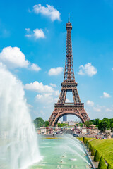 Eiffel Tower and Trocadero fountains in Paris, France