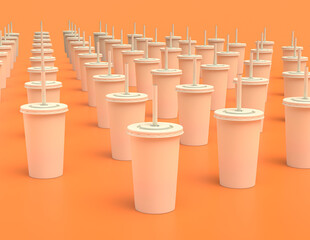 multiple white paper cups in a row on orange background, flat colors, coffee and soda cup, single color, 3d rendering