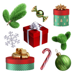 3d render, collection of Christmas decor elements: glass ball, gift box, candy cane, caramel sweet, evergreen spruce twig, crystal snowflake. Holiday clip art set isolated on white background.