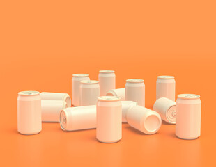 flat color white plastic soda cans disorderly scattered on yellow orange background, monochrome, single color, 3d rendering