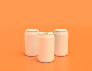 Three pieces flat color white plastic soda cans in yellow orange background, monochrome, single color, 3d rendering