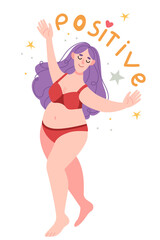 Body positive girl with purple hair.Fat cute girl dancing.Happy plus size girls and active healthy lifestyle.Love your body - body positive.Overweight women in underwear.