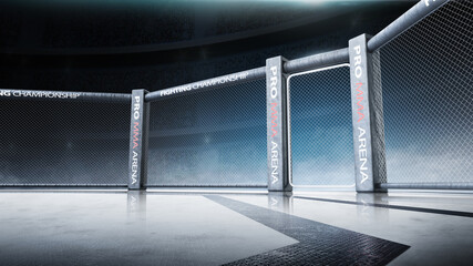 Side scene view under lights. Fighting Championship. Fight night. MMA octagon. 3D rendering