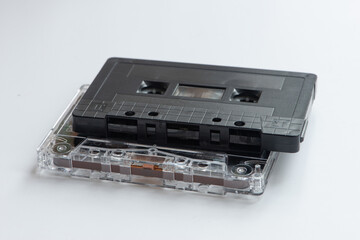 Retro plastic cassettes tape from 70s 80s 90s. Concept of music history.