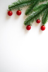 Christmas white background with fir branches and small red cherry tomatoes. Xmas, New Year's wallpaper. Winter holiday decorations isolated on white background with copy space. Flat lay, top view.