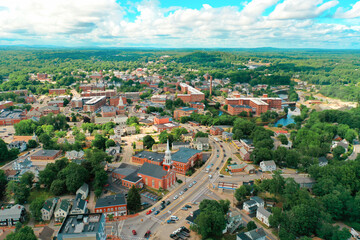 Fototapeta na wymiar Aerial Drone Photography Of Downtown Dover, NH (New Hampshire) During The Summer