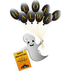 Vector illustration of a cute ghost with baloons and a party invitation. Halloween celebration. For flyer, posters.