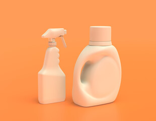 A group of white plastic cleaning supplies containers  in yellow orange background, flat colors, single color, 3d rendering