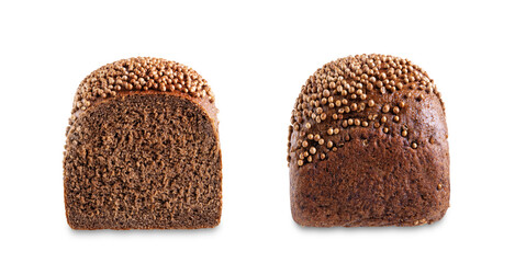 Rye bread with coriander sprinkled on a white isolated background