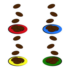 Set of 4 colour plates with chocolate cookies on white background