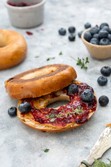 Bagels with cinnamon and blueberry, top view.