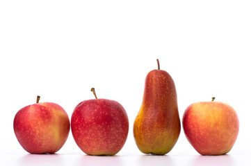 Apples and pears are placed in one row on a white background.