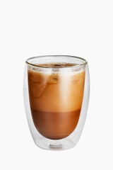 Ice coffee in a double-walled glass isolated on white