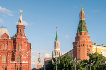 Fototapeta premium Moscow Kremlin towers and State Historical Museum at Red Square. Focus on foreground towers.