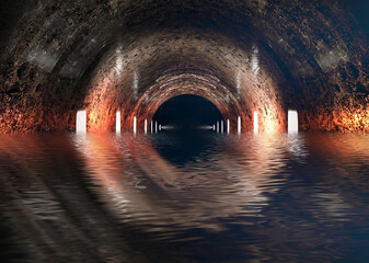 Naklejka premium Round tunnel, neon light, reflection in the water. Abstract futuristic modern neon background. 3D illustration.