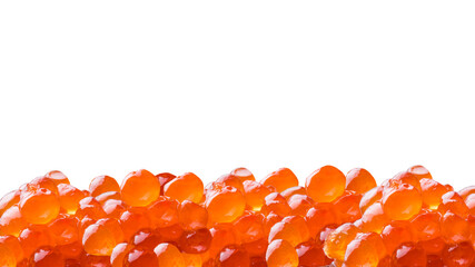 Red caviar. Salted salmon fish caviar. Raw seafood. Delicacy food on white isolated background. Panoramic photo.