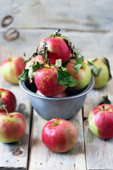 Fresh apples in a bowl on a wooden surface. Harvest apples.