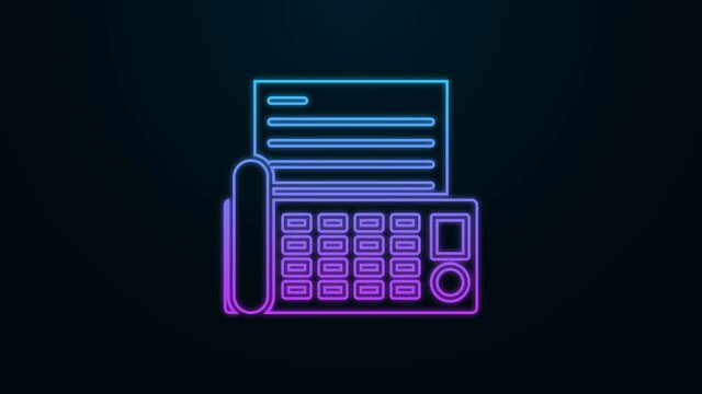 Glowing neon line Fax machine icon isolated on black background. Office Telephone. 4K Video motion graphic animation