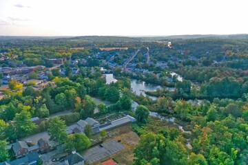 Fototapeta na wymiar Aerial Drone Photography Of Downtown Rochester, NH (New Hampshire) During The Fall