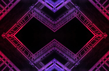 Dark tunnel light, neon light, reflection in water. Abstract futuristic modern neon background. 3D illustration.