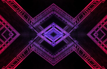 Dark tunnel light, neon light, reflection in water. Abstract futuristic modern neon background. 3D illustration.