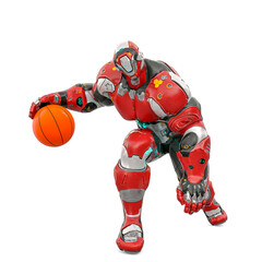 futuristic astronaut is playing basketball